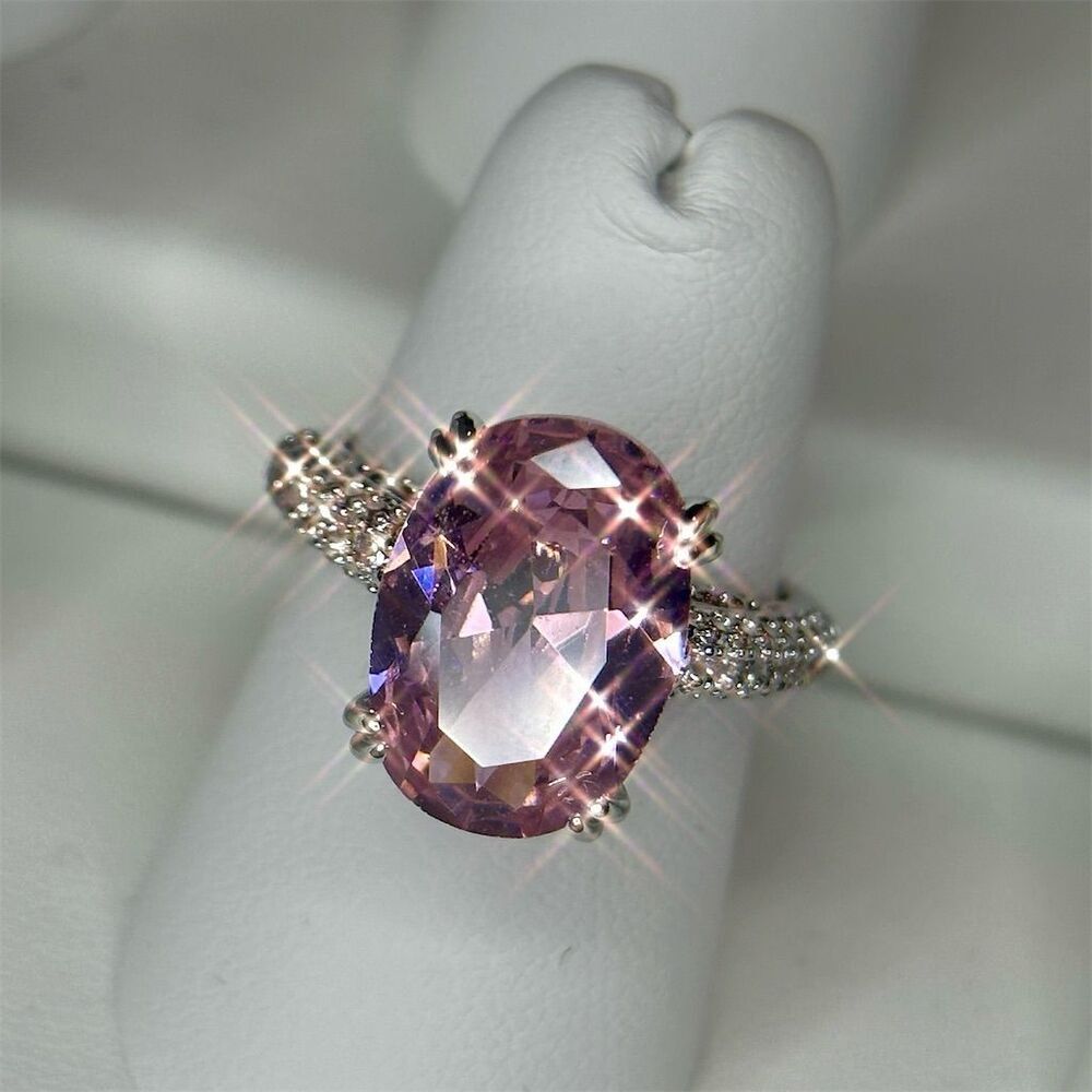 Pink Solitaire Gemstone Ring w/ Clear Accents Silver Plated Engagement size 6 - Picture 5 of 10